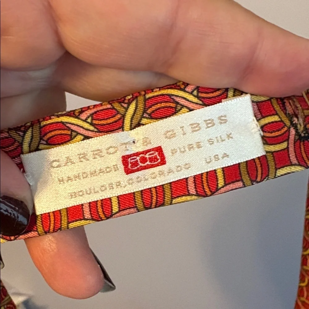 Carrot & Gibbs Handmade Pure Silk Red With Geometric Pattern Adjustable Bow Tie